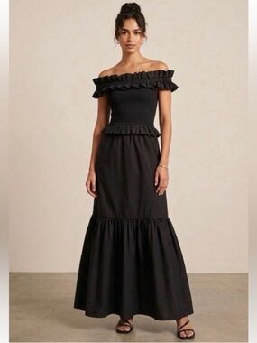 Caroline Constas Black Ruffled Smocked Cotton Maxi Dress Size M Medium